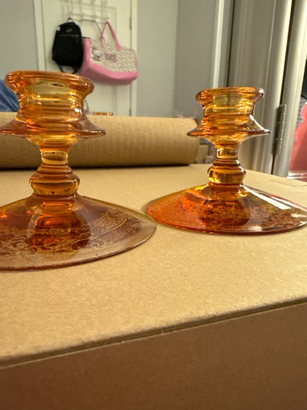 Vintage Amber Glass Candlestick Holders Set of 2 Etched Floral Retro Decor